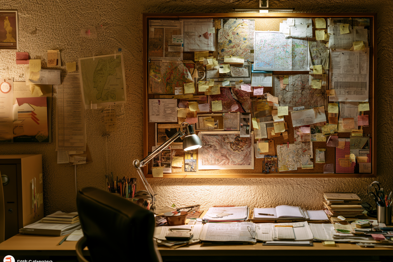 Evidence board of scanned WAMEX reports and hand-drawn geological maps